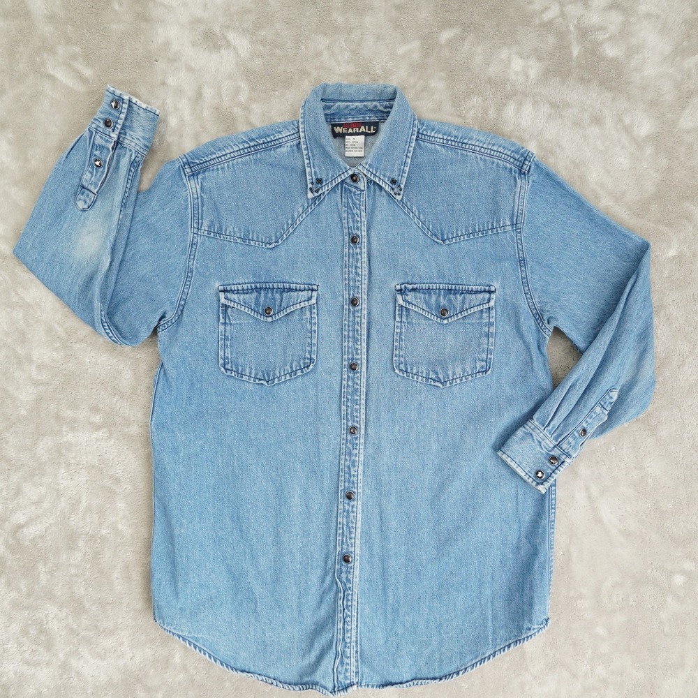 Forever Wearall Vintage Denim Pearl Snap Shirt Women's Small Long Sleeve Western